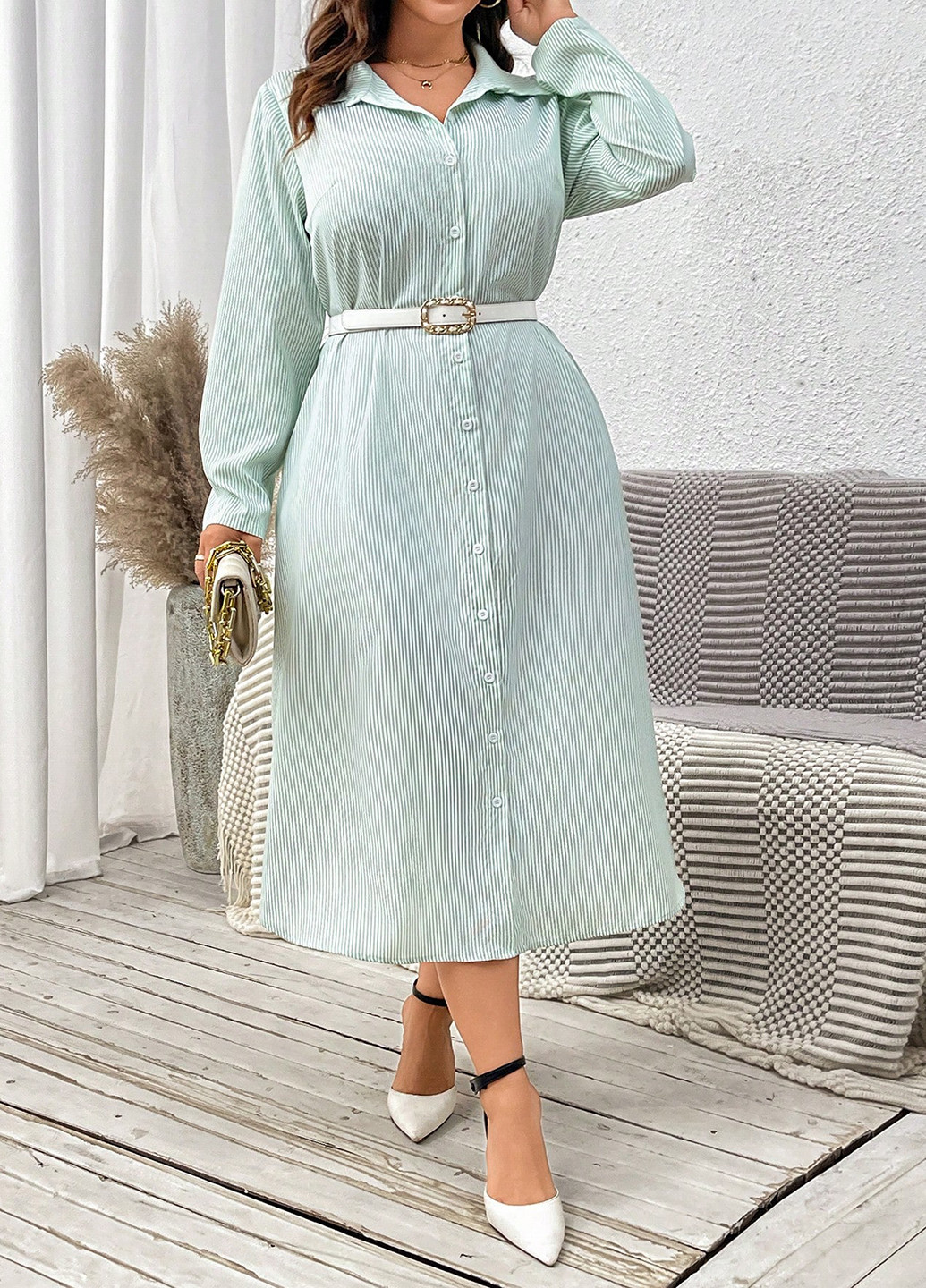 М'ятна святковий, кежуал сукня а-силует, сукня-сорочка SHEIN в смужку