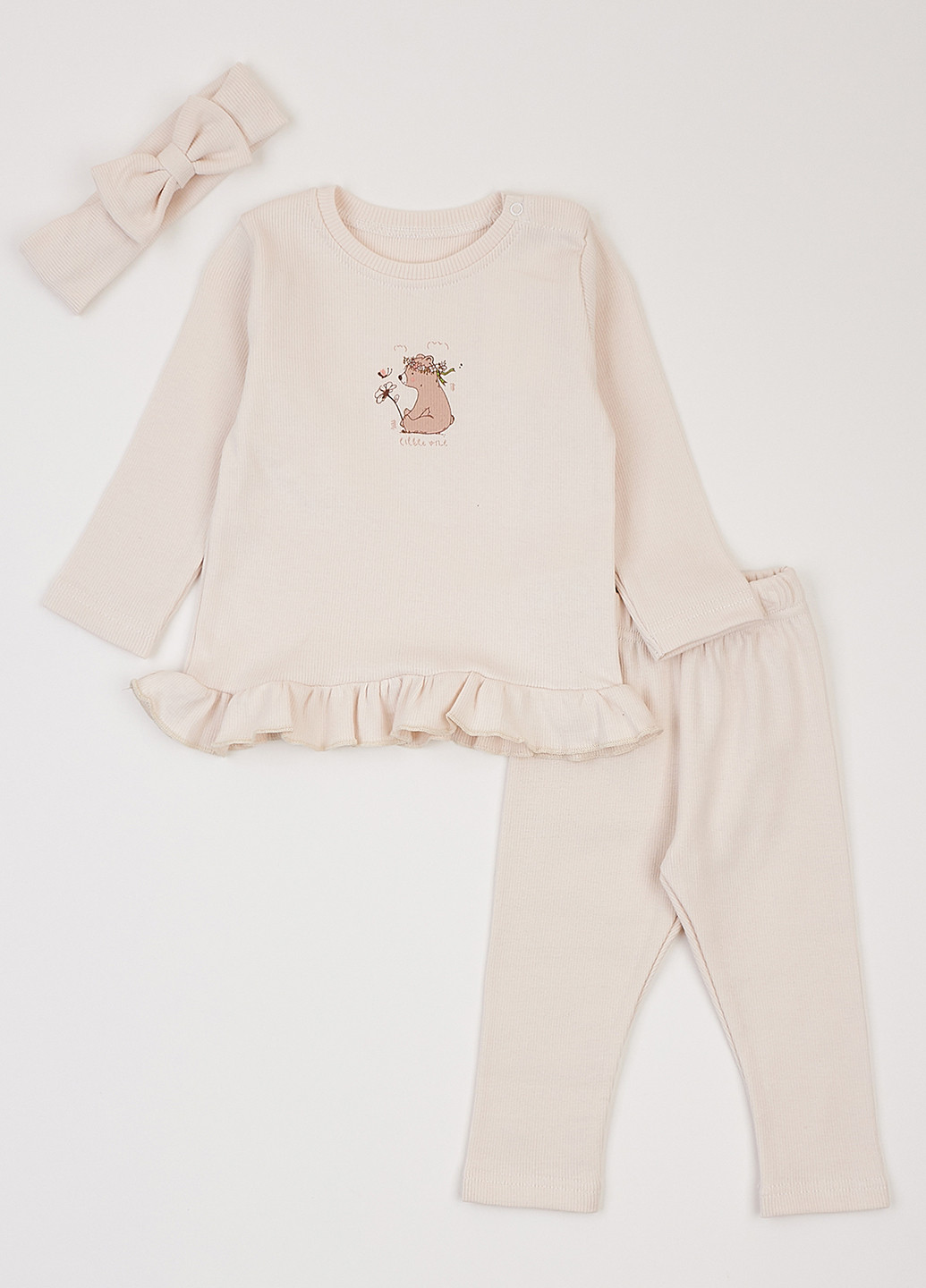 Молочний демісезонний комплект (лонгслів, легінси, пов'язка) Фламинго