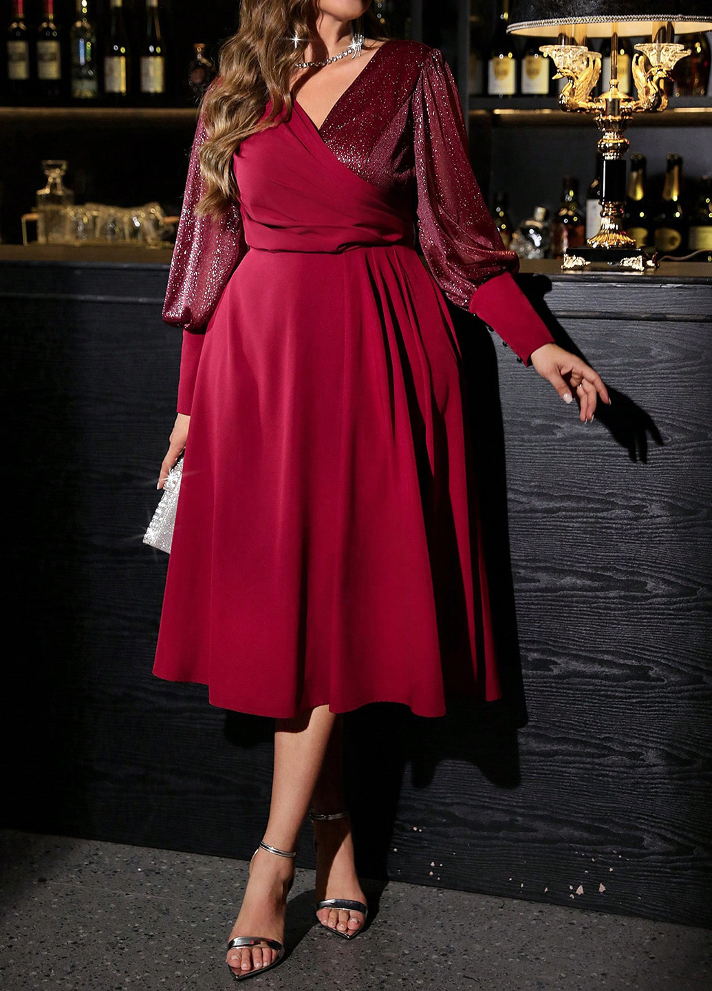 Темно-червона святковий, вечірня сукня на запах SHEIN однотонна