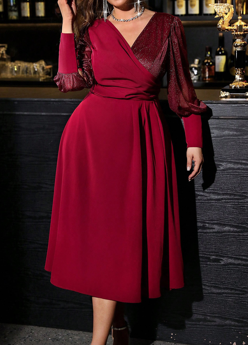 Темно-червона святковий, вечірня сукня на запах SHEIN однотонна