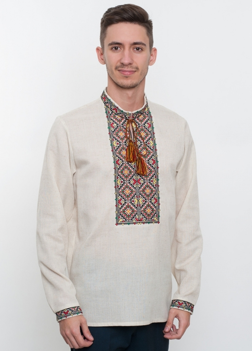 Светло-серая кэжуал рубашка с украинской символикой Vyshyvanka