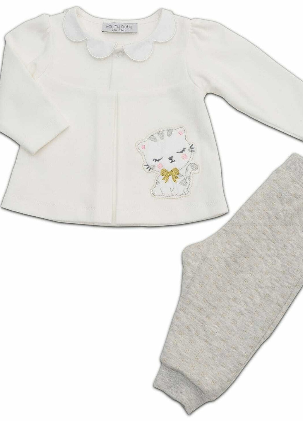 Білий демісезонний дитячий костюм з аплікацією у вигляді кішки та стьобаними штанами брючний For my baby