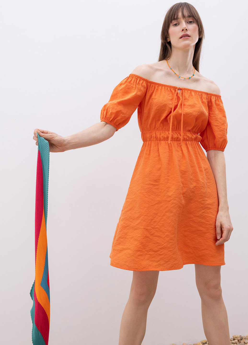 Оранжевое кэжуал платье с открытыми плечами, клеш DeFacto однотонное