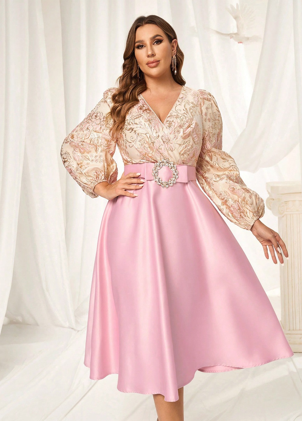 Розовое праздничный, вечернее платье клеш SHEIN с цветочным принтом