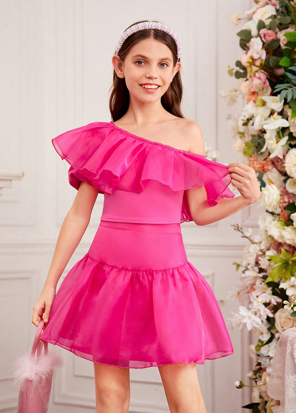 Фуксиновий (колору Фукія) літній костюм (топ, спідниця) SHEIN