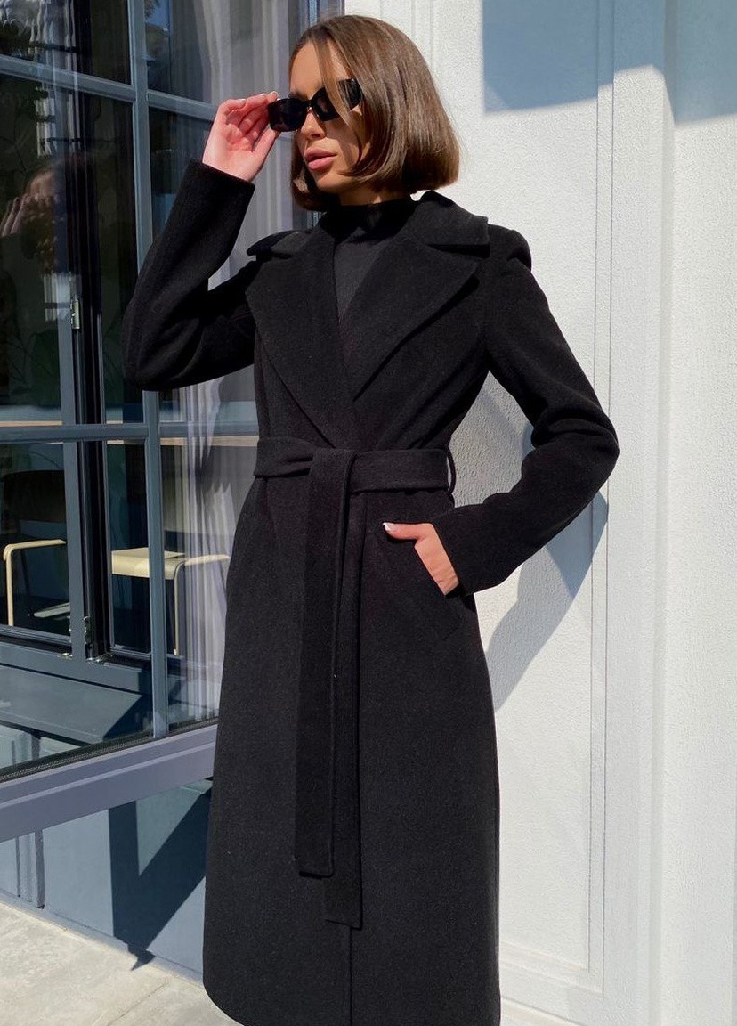 Чорне зимнє Зимове пальто з кашеміру однобортне Шикарные меха