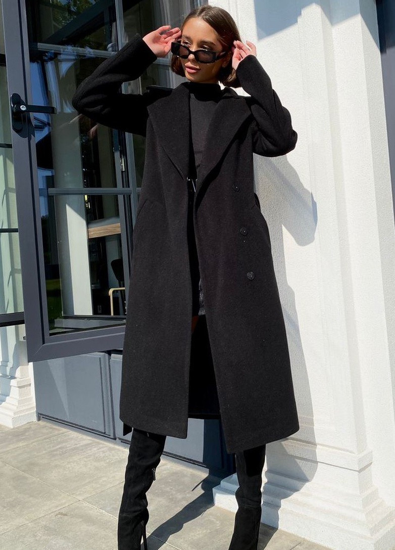 Чорне зимнє Зимове пальто з кашеміру однобортне Шикарные меха