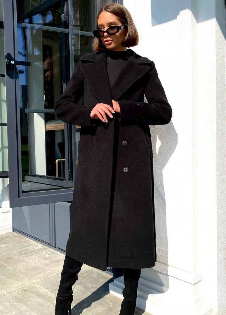 Чорне зимнє Зимове пальто з кашеміру однобортне Шикарные меха