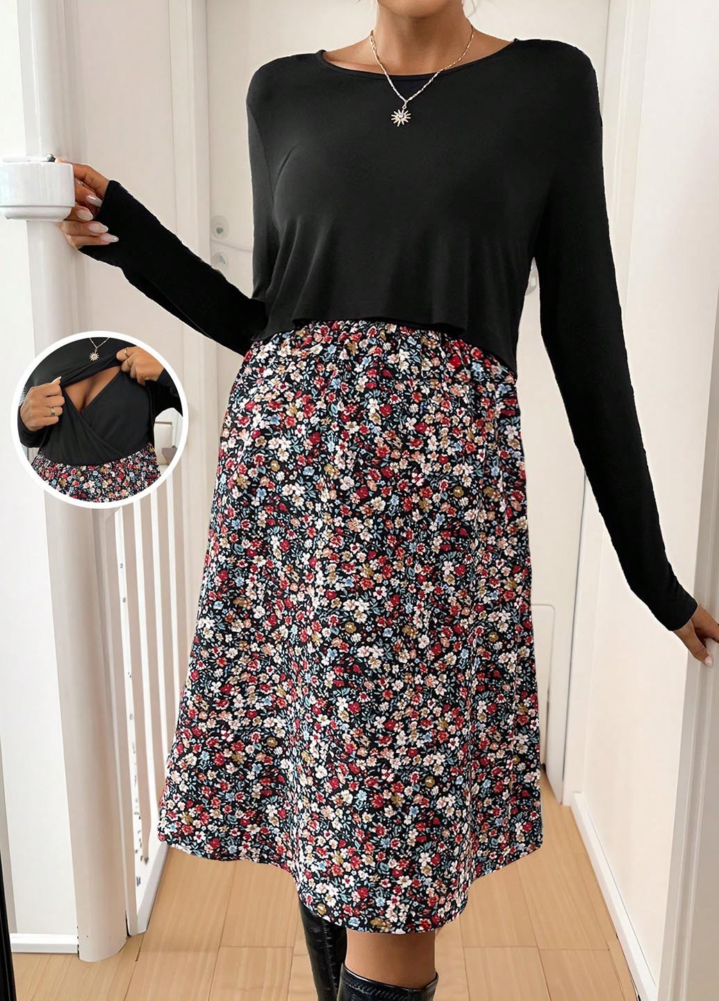 Чорна кежуал сукня для вагітних і годуючих кльош SHEIN з квітковим принтом