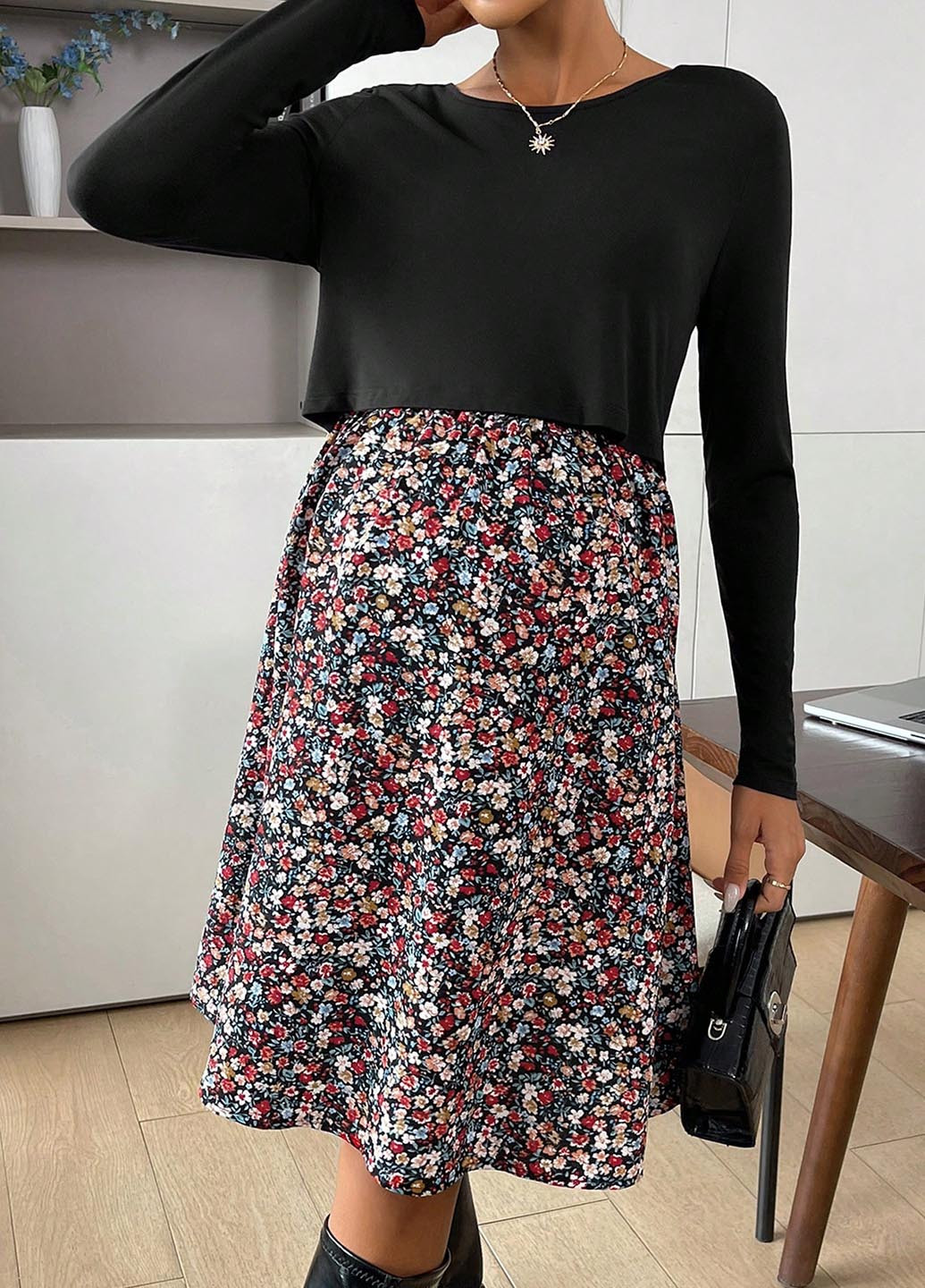 Чорна кежуал сукня для вагітних і годуючих кльош SHEIN з квітковим принтом