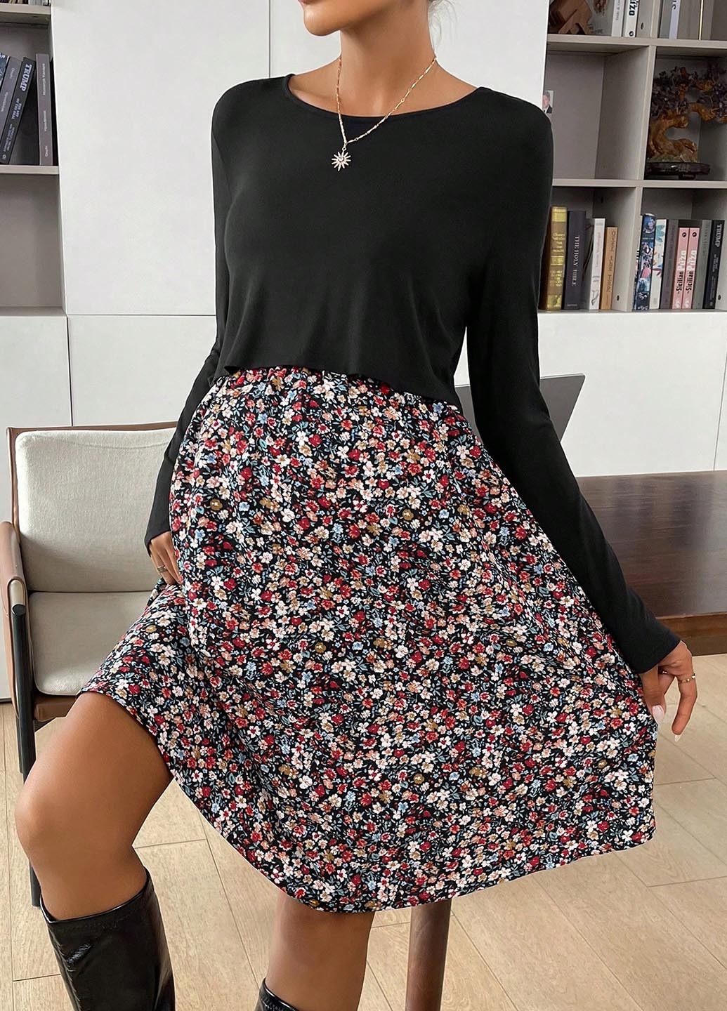 Чорна кежуал сукня для вагітних і годуючих кльош SHEIN з квітковим принтом