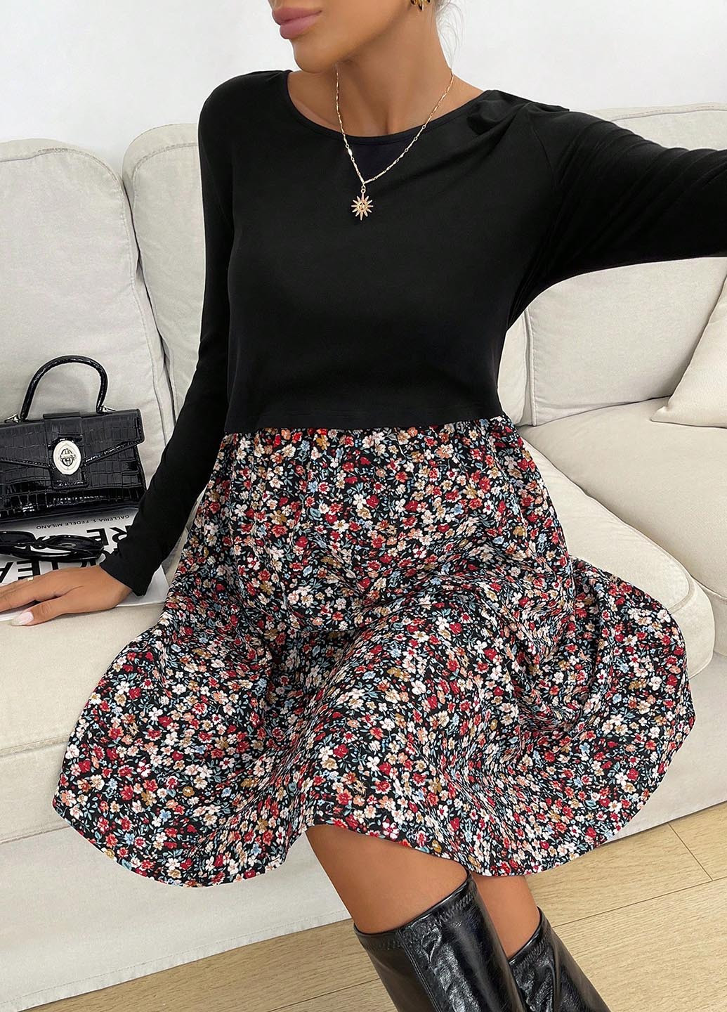 Чорна кежуал сукня для вагітних і годуючих кльош SHEIN з квітковим принтом