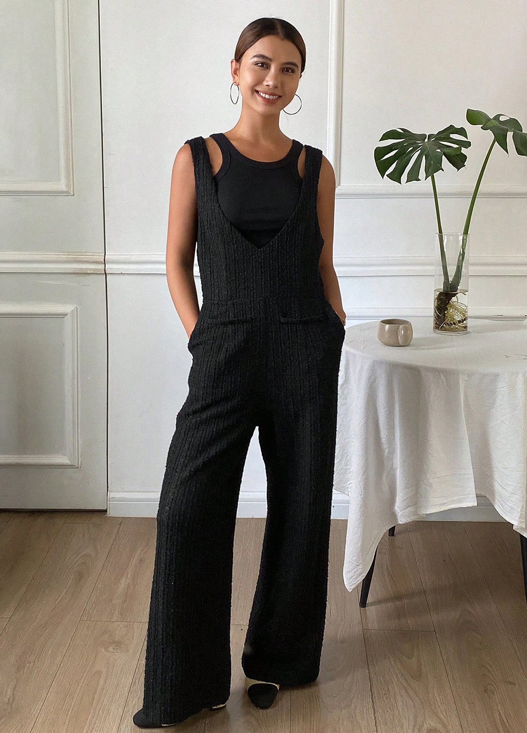 Комбінезон SHEIN комбінезон-брюки однотонний чорний кежуал поліестер