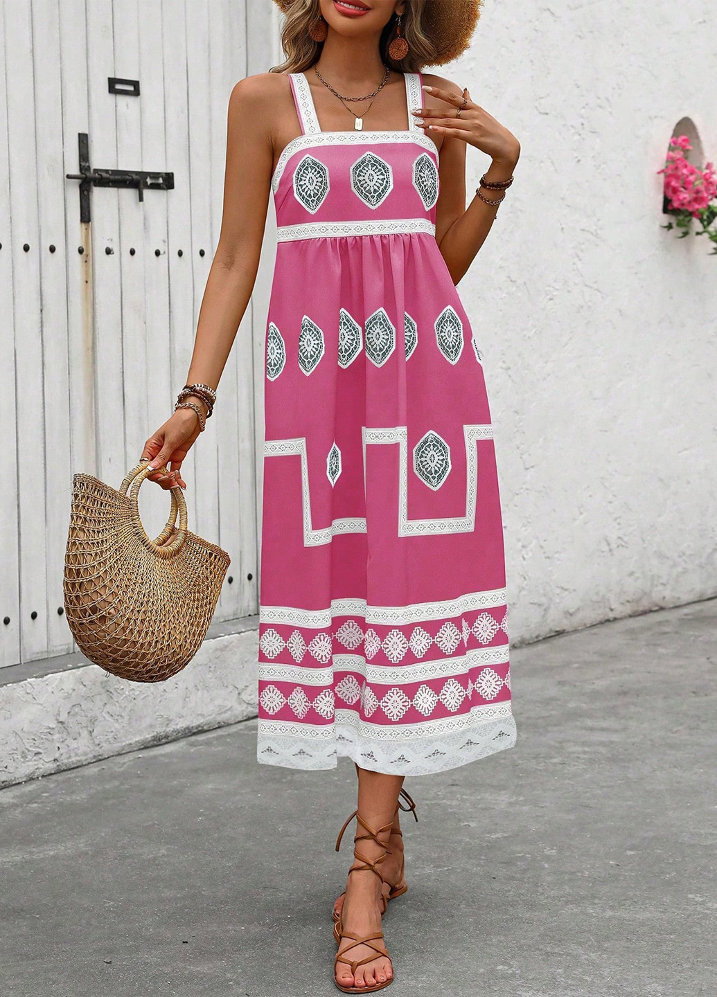 Розовое кэжуал платье клеш SHEIN с абстрактным узором