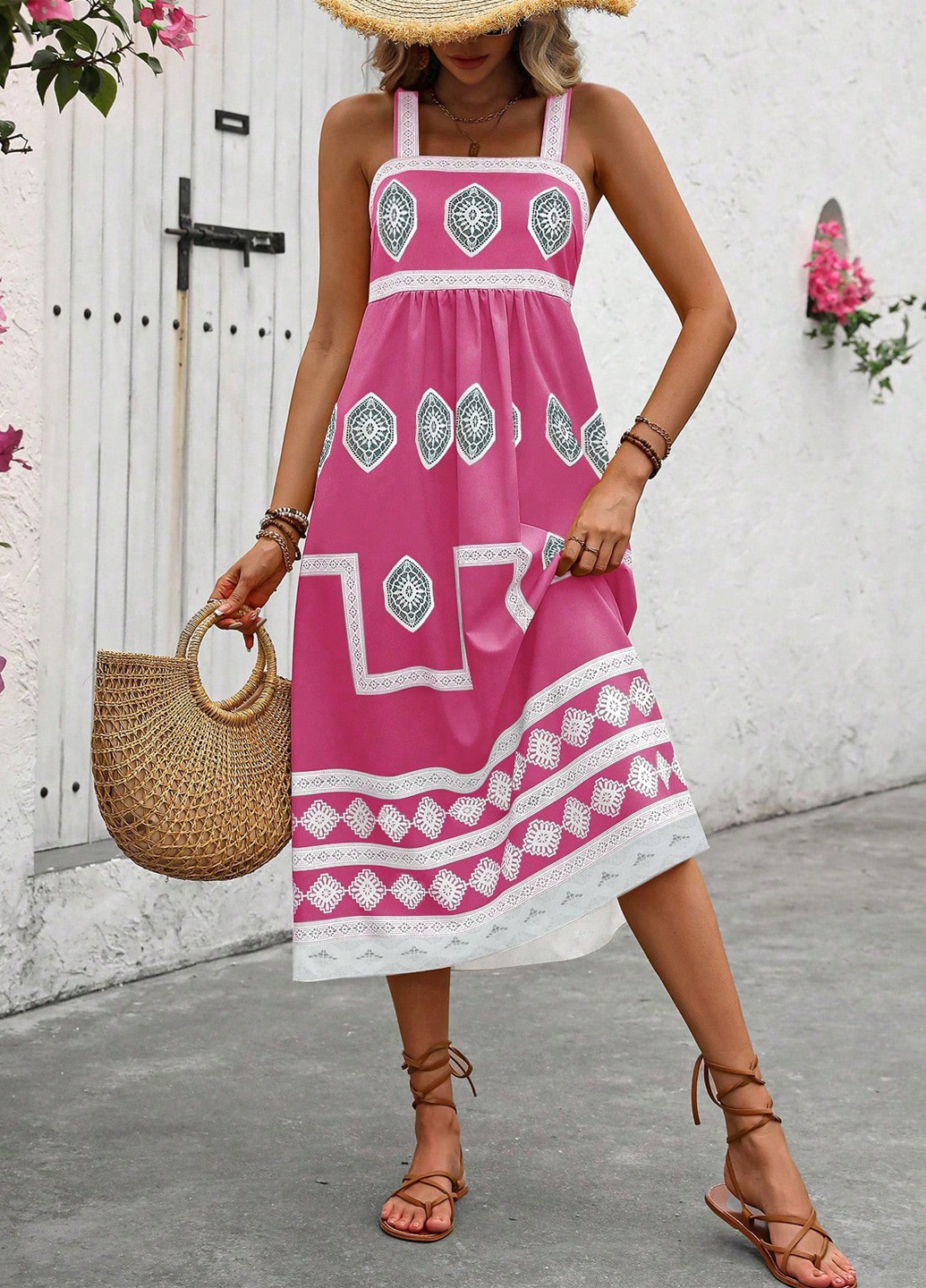 Розовое кэжуал платье клеш SHEIN с абстрактным узором