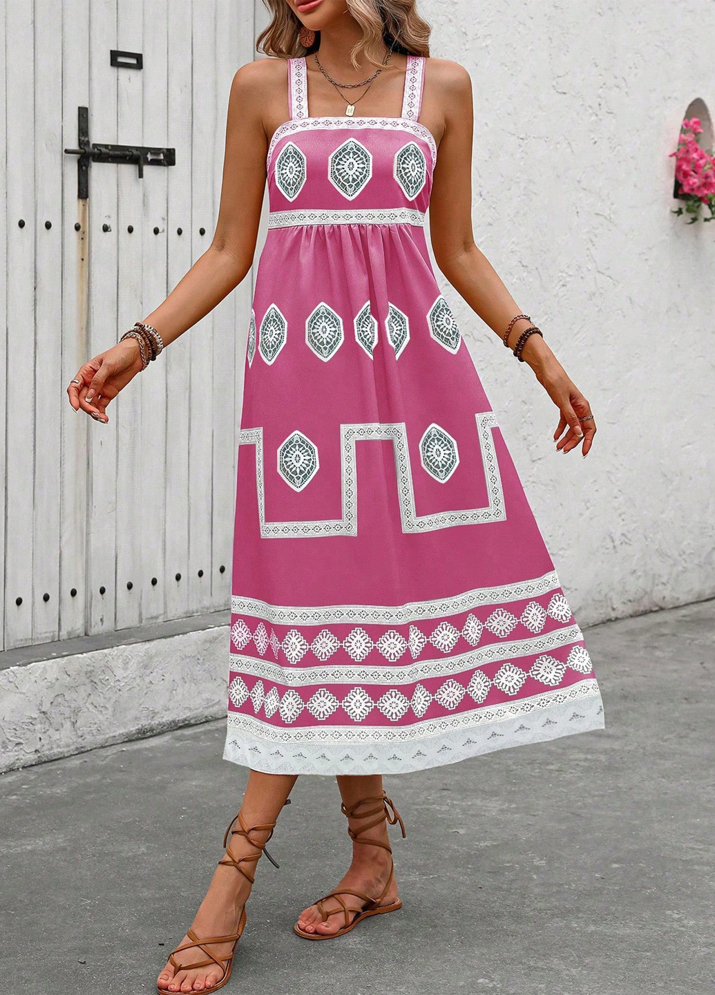 Розовое кэжуал платье клеш SHEIN с абстрактным узором