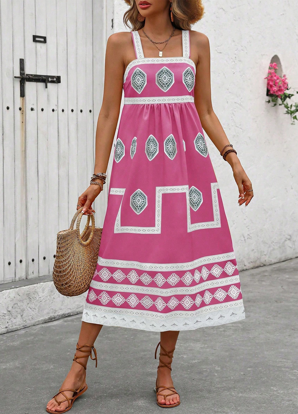 Розовое кэжуал платье клеш SHEIN с абстрактным узором