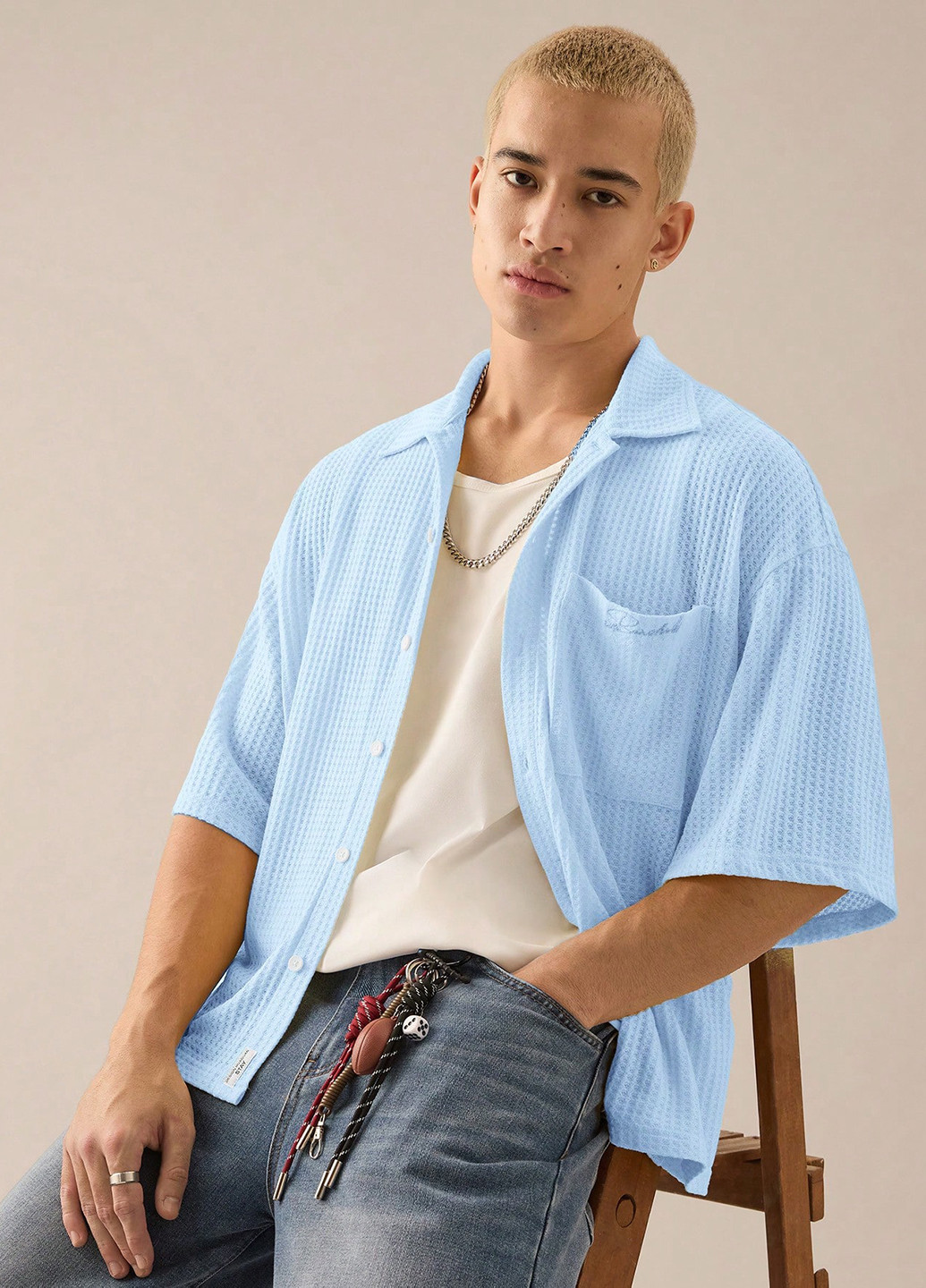 Голубой кэжуал рубашка однотонная SHEIN