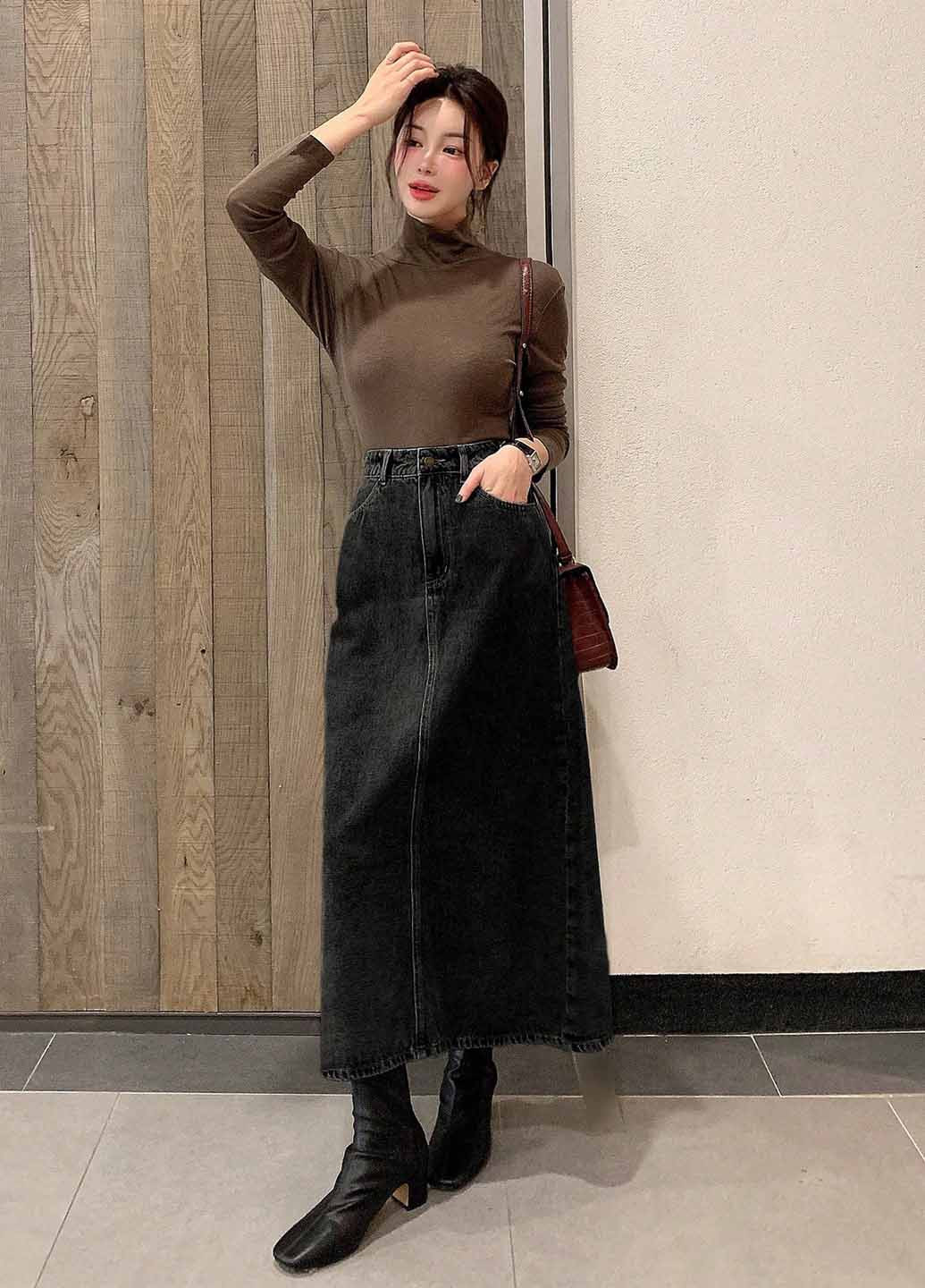 Черная джинсовая, кэжуал однотонная юбка SHEIN а-силуэта (трапеция)