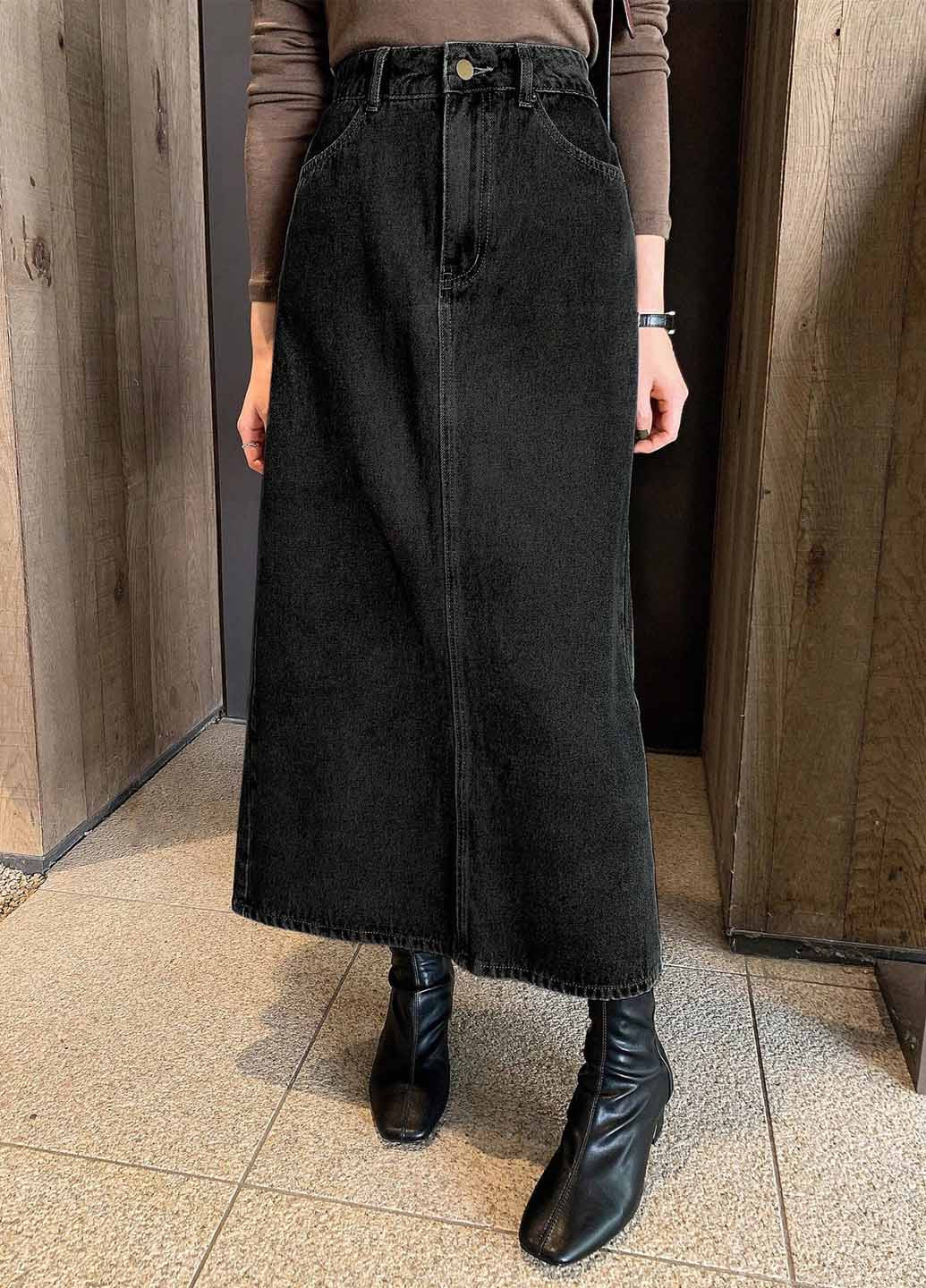 Черная джинсовая, кэжуал однотонная юбка SHEIN а-силуэта (трапеция)