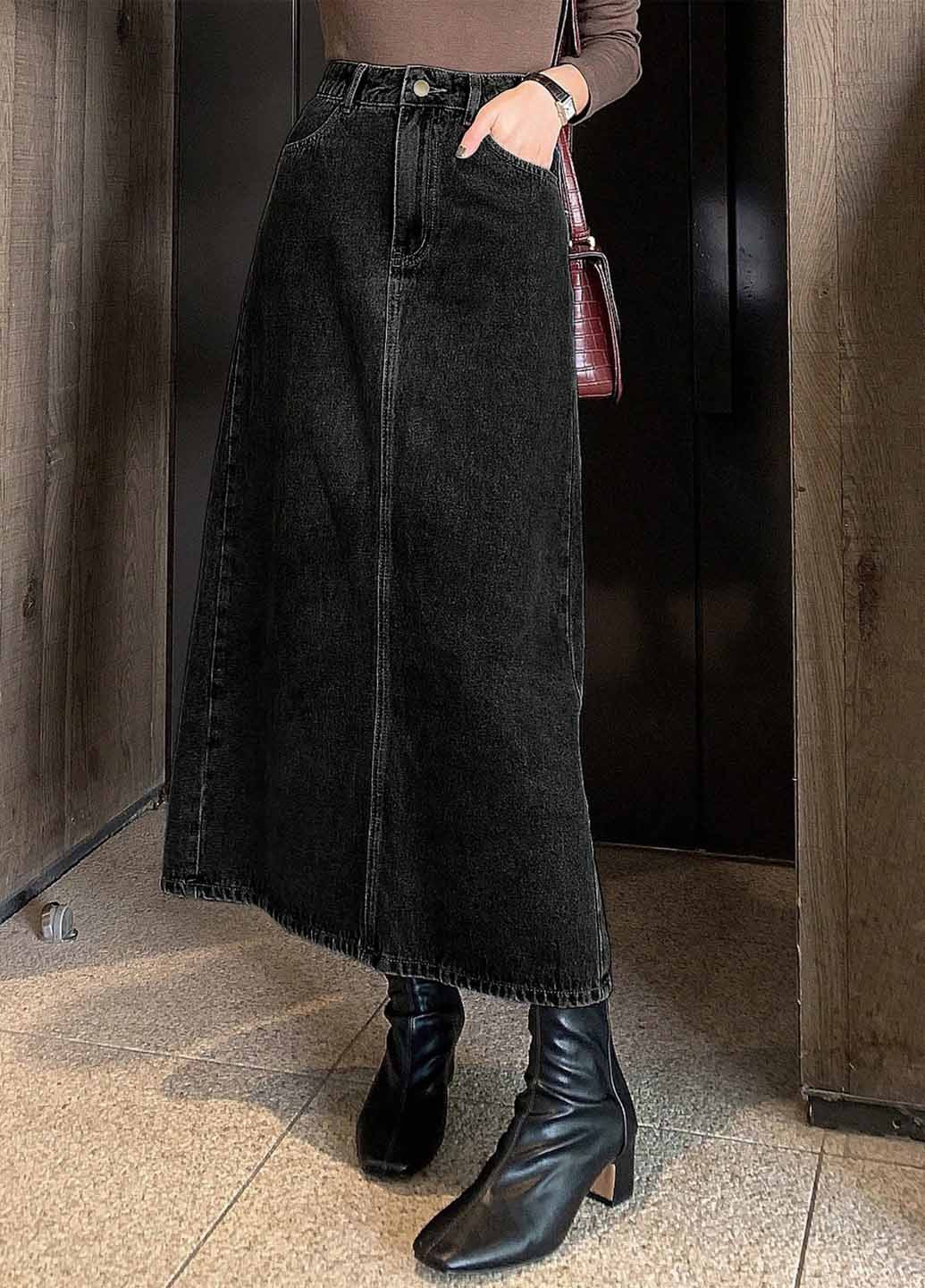 Черная джинсовая, кэжуал однотонная юбка SHEIN а-силуэта (трапеция)