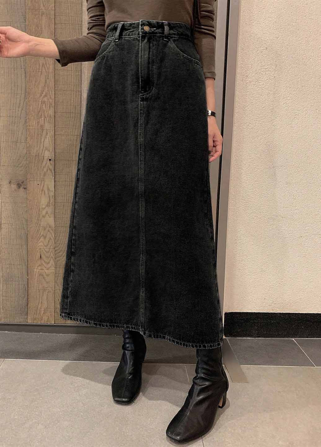 Черная джинсовая, кэжуал однотонная юбка SHEIN а-силуэта (трапеция)