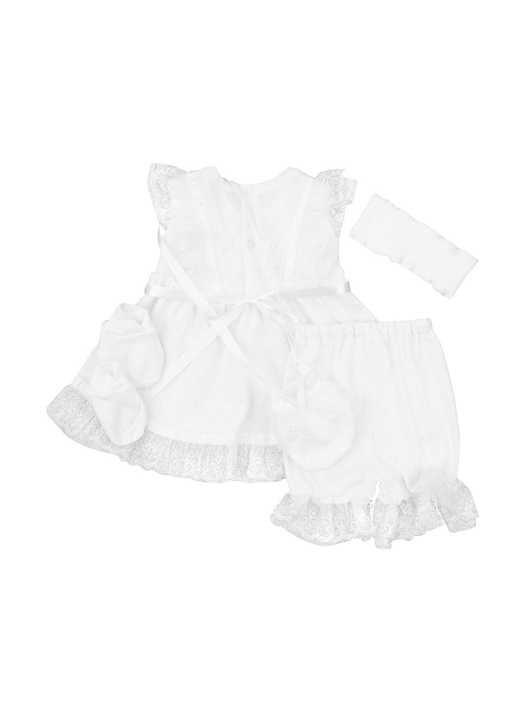 Белый демисезонный комплект (повязка, платье, шорты, пинетки) Ляля