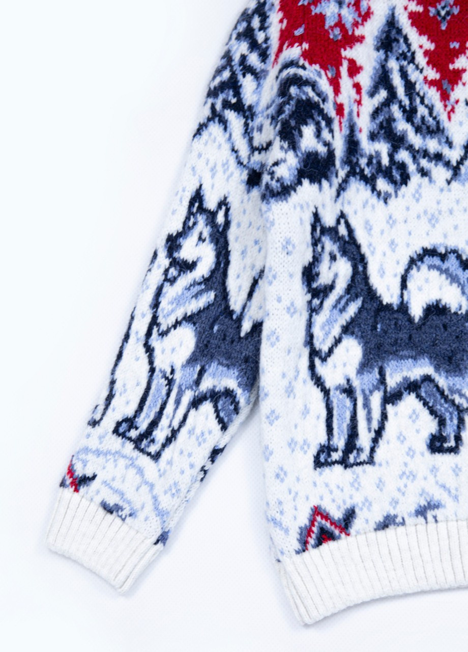 Белый зимний свитер для девочки зимний белый с волками Pulltonic Прямая