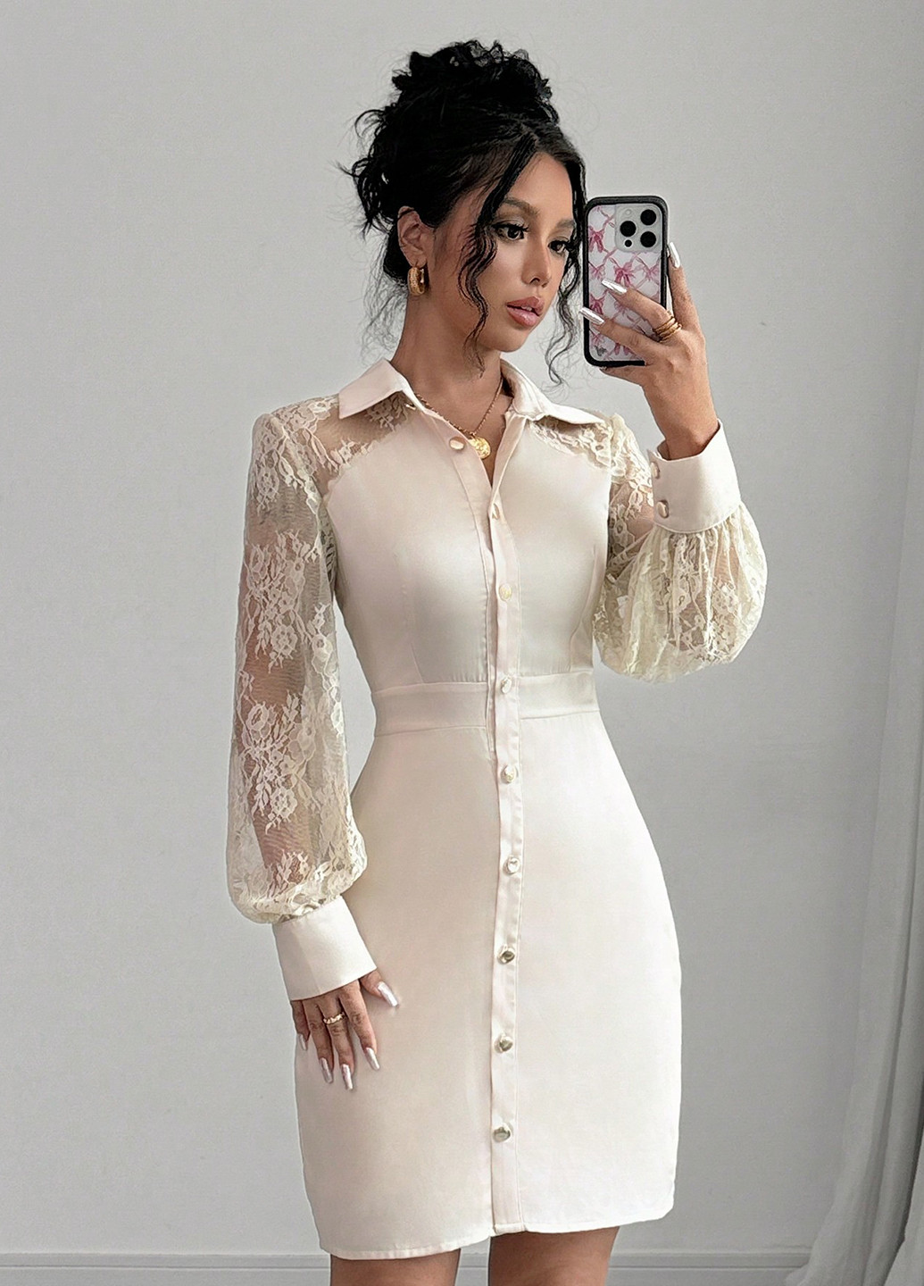 Кремовое коктейльное, кэжуал платье силуэтная, рубашка, футляр SHEIN однотонное