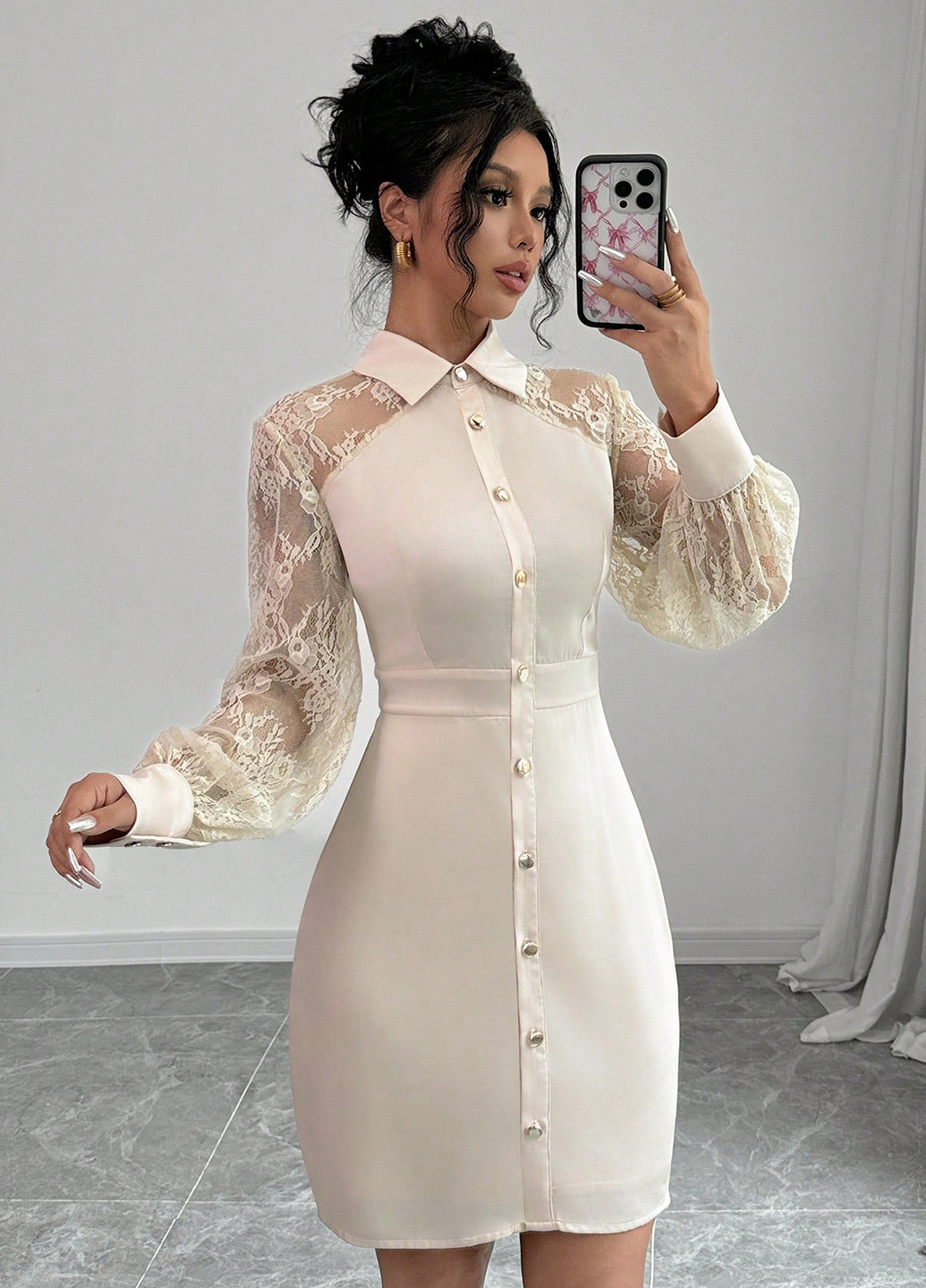 Кремовое коктейльное, кэжуал платье силуэтная, рубашка, футляр SHEIN однотонное