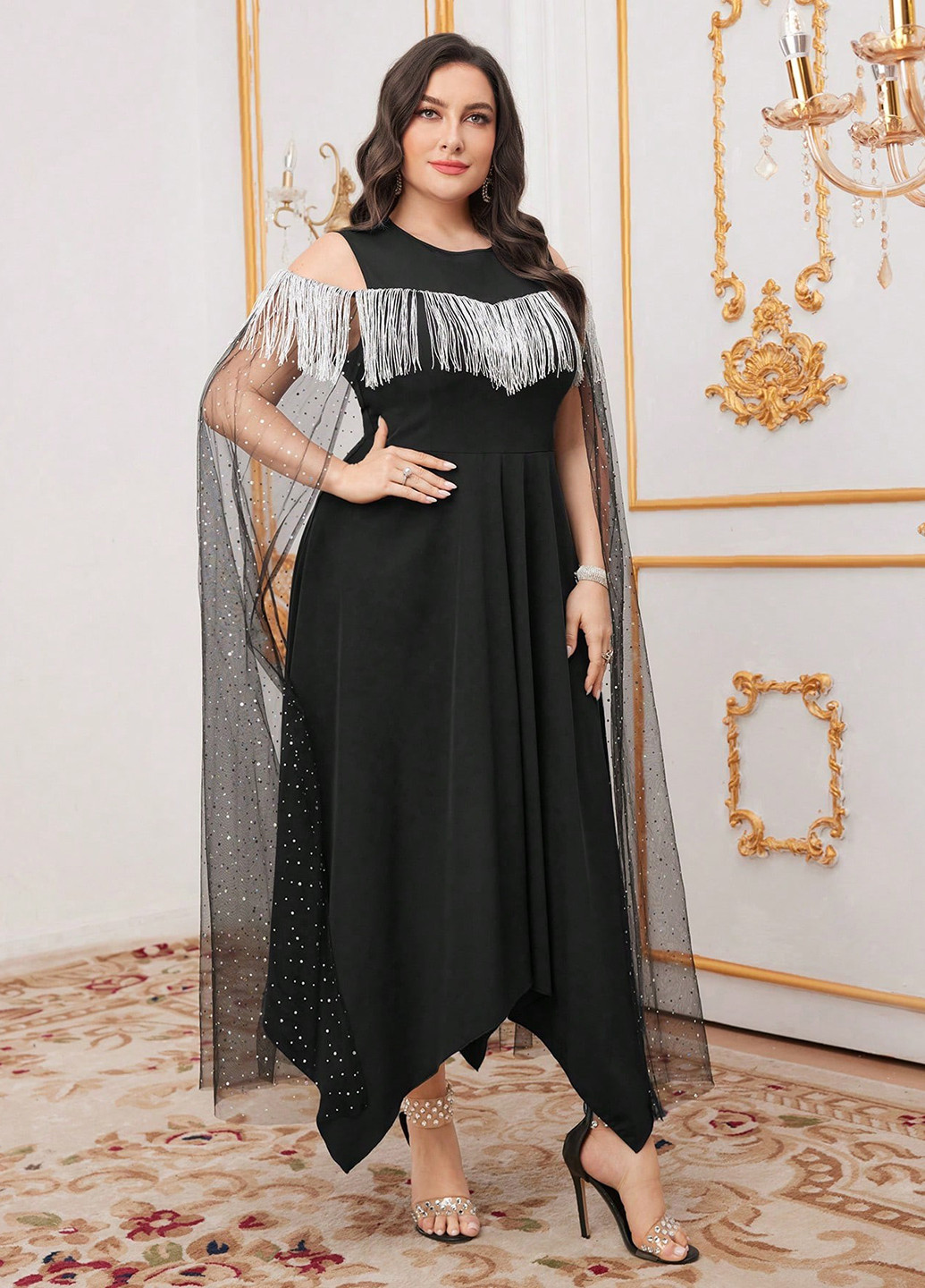 Чорна вечірня сукня кльош, сукня-кейп, з відкритими плечима SHEIN однотонна