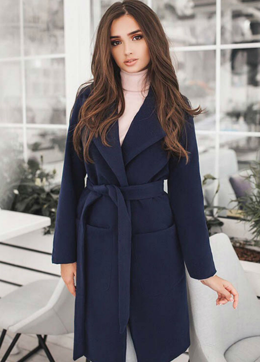Синее демисезонное Однобортое кашемировое пальто Look and Buy однобортное Look & Buy