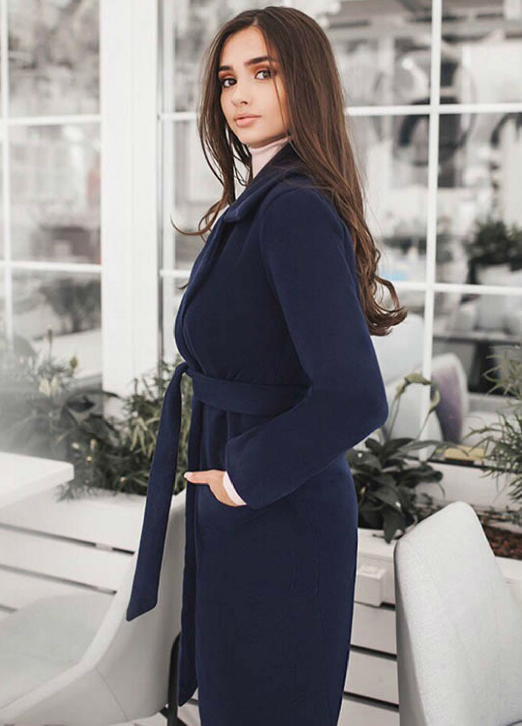 Синее демисезонное Однобортое кашемировое пальто Look and Buy однобортное Look & Buy