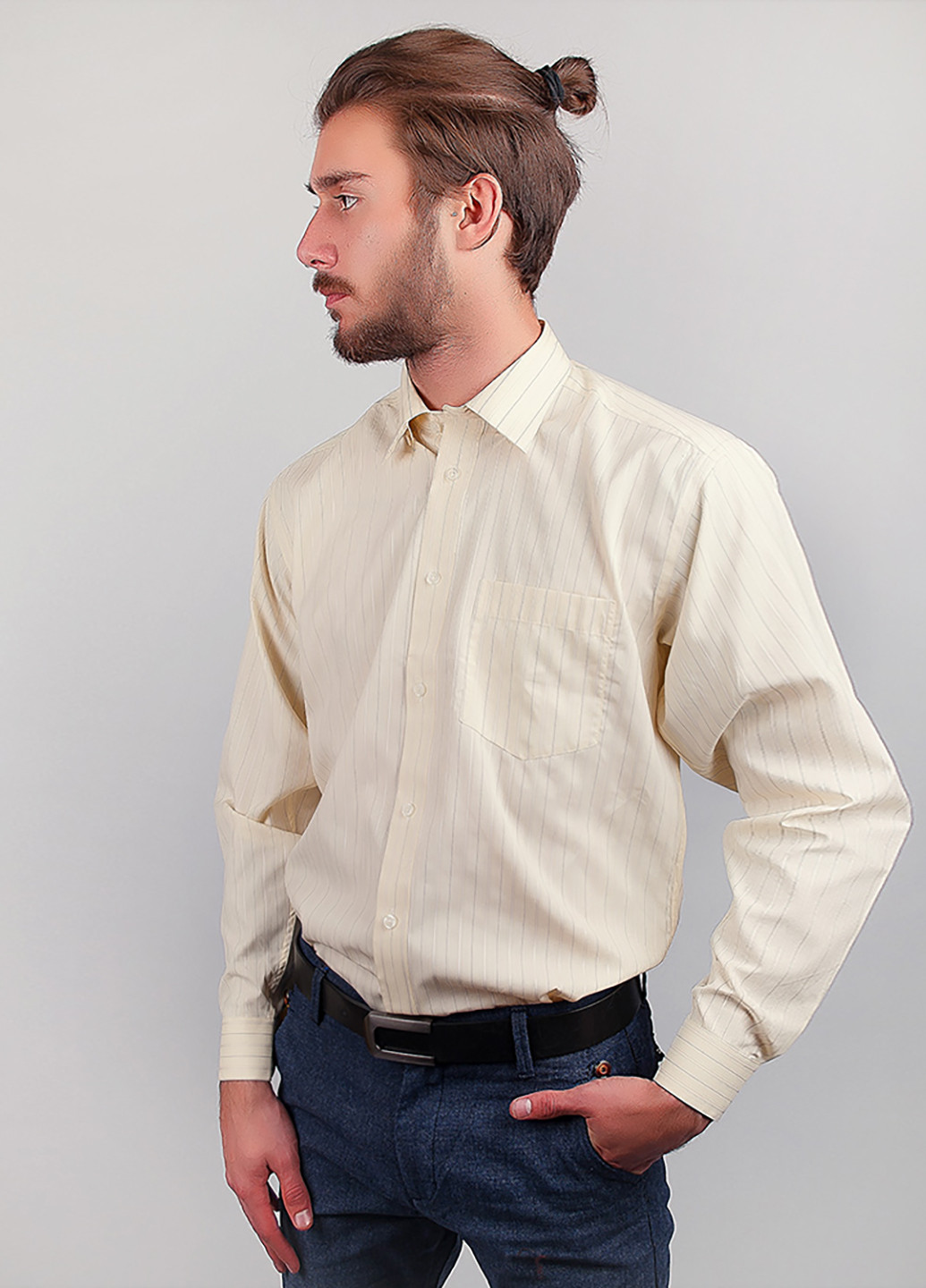 Светло-бежевая кэжуал рубашка в полоску Framzoni с длинным рукавом