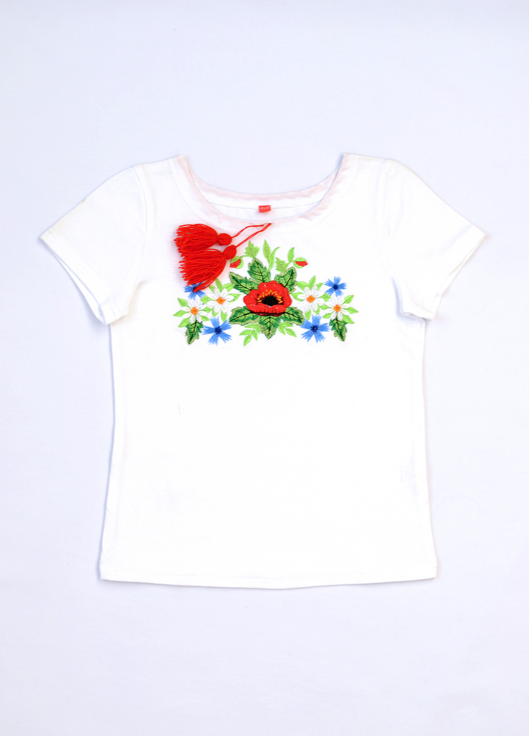 Біла демісезонна трикотажна вишиванка для дівчинки квіти Piccolo L