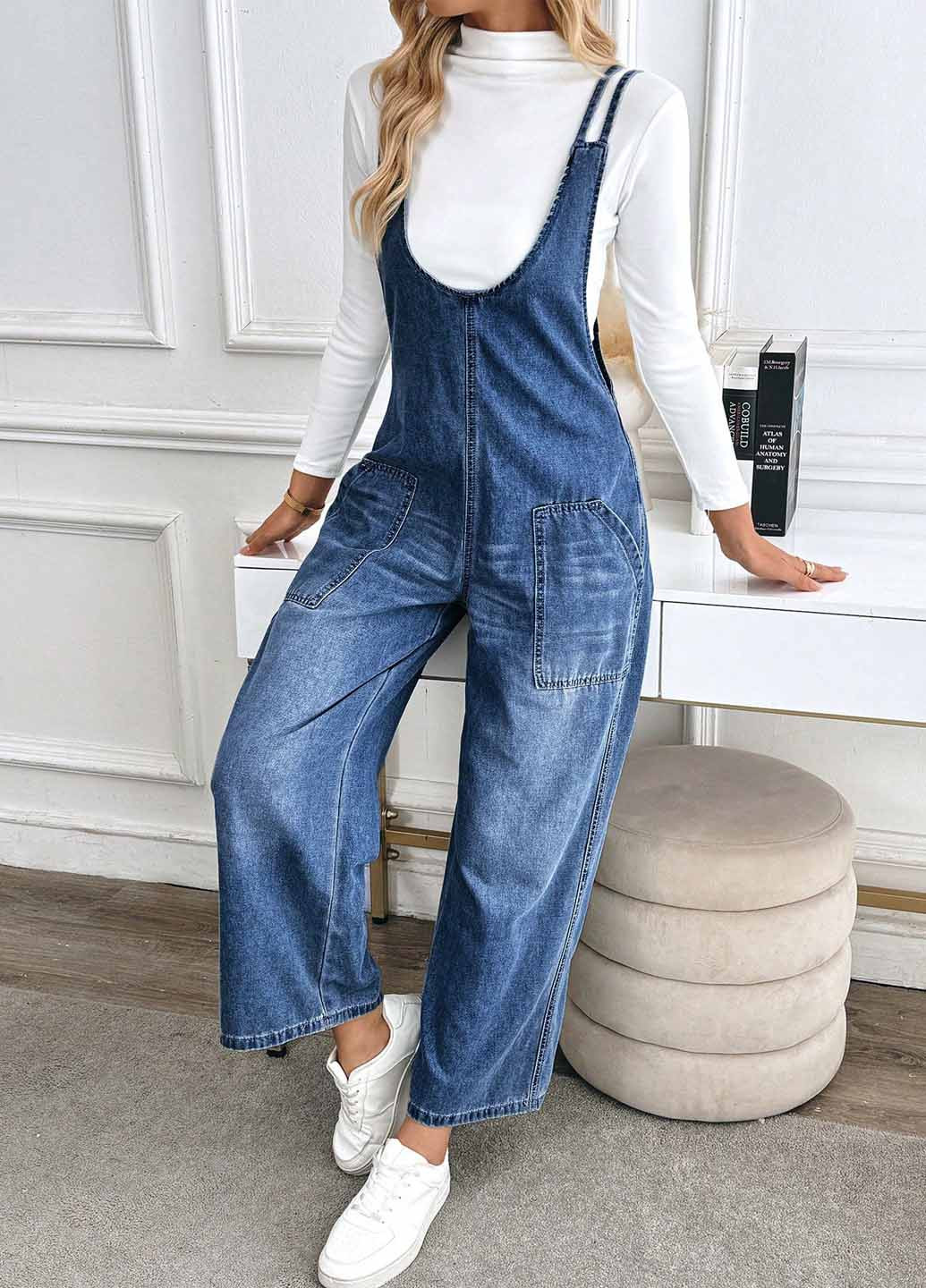 Комбинезон SHEIN комбинезон-брюки варенка синий денил, кэжуал хлопок, джинс