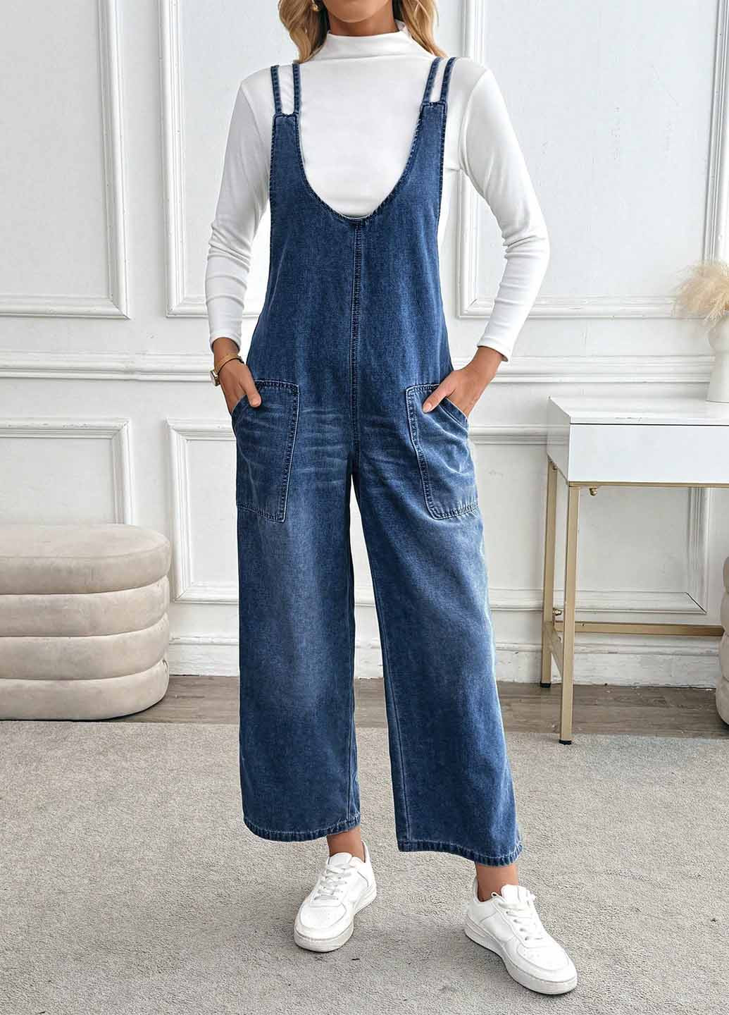 Комбинезон SHEIN комбинезон-брюки варенка синий денил, кэжуал хлопок, джинс