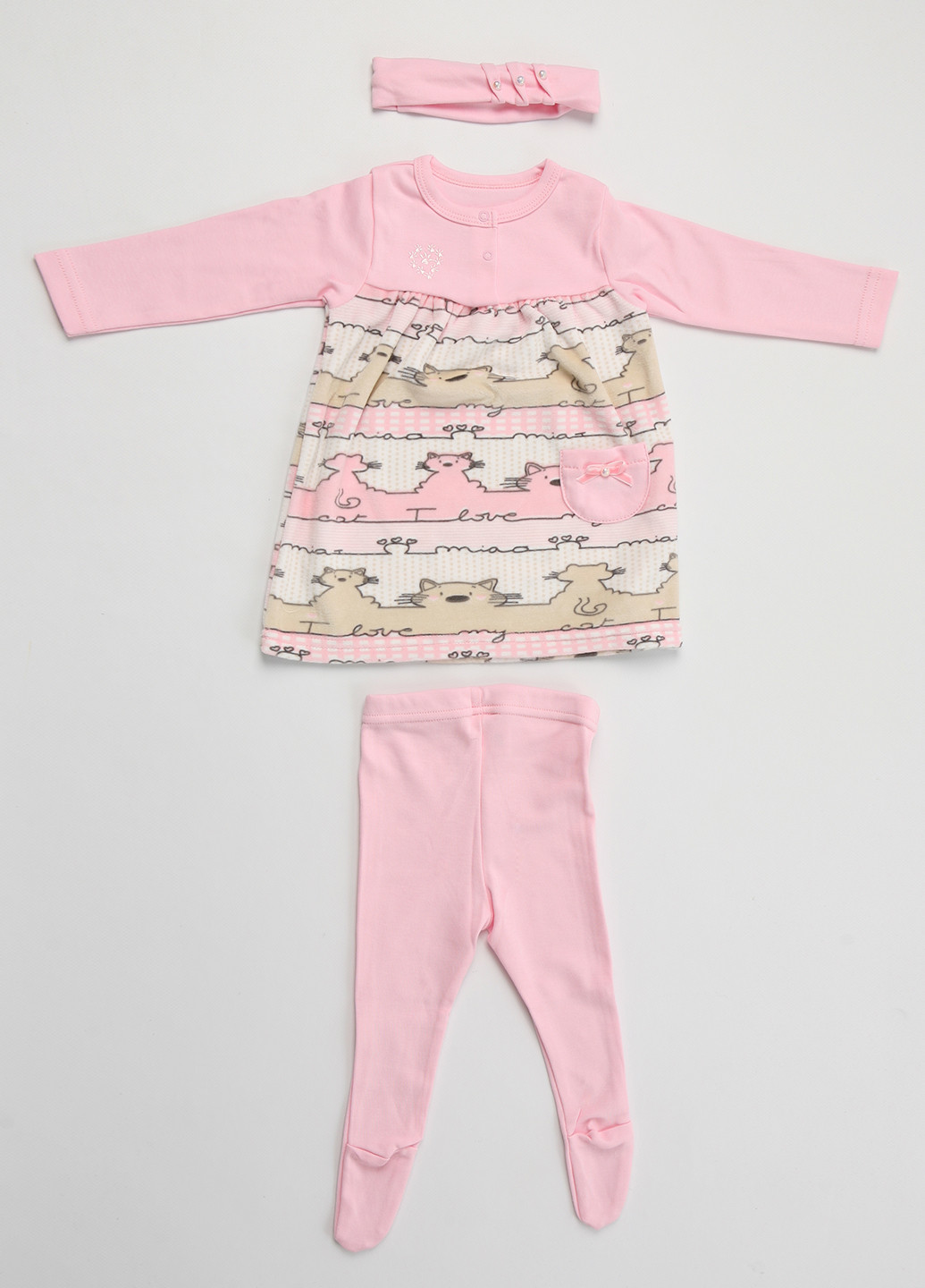 Рожевий демісезонний комплект (плаття, повзунки, пов'язка) Фламинго
