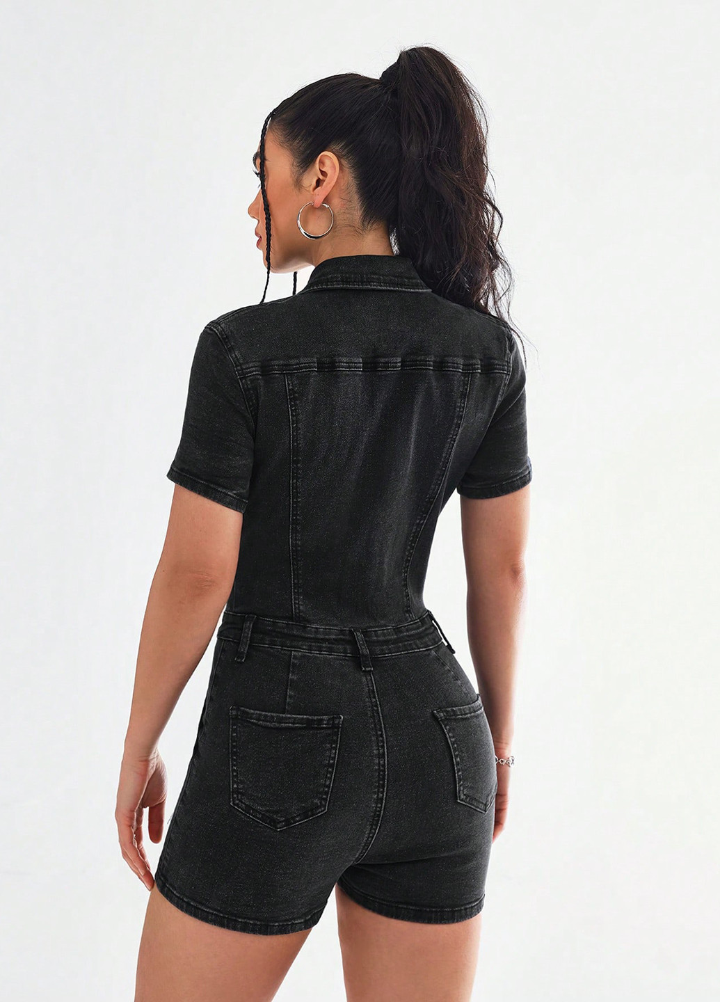 Комбинезон SHEIN комбинезон-шорты варенка чёрный денил джинс, хлопок