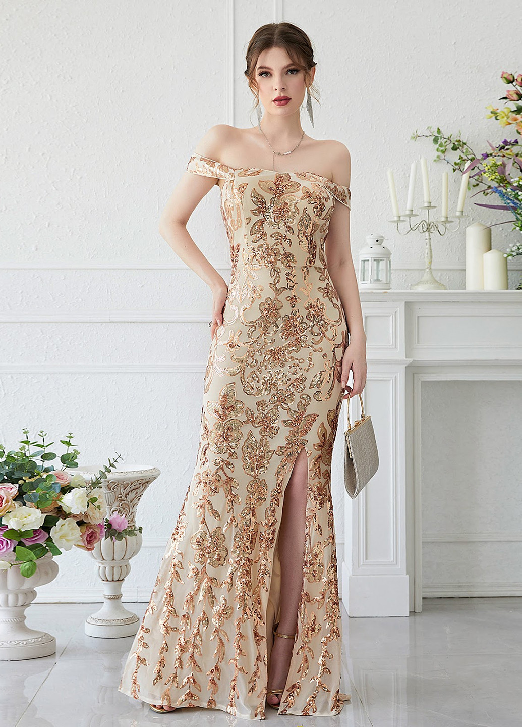 Бежева вечірня сукня годе, з відкритими плечима, з відкритою спиною SHEIN з квітковим принтом