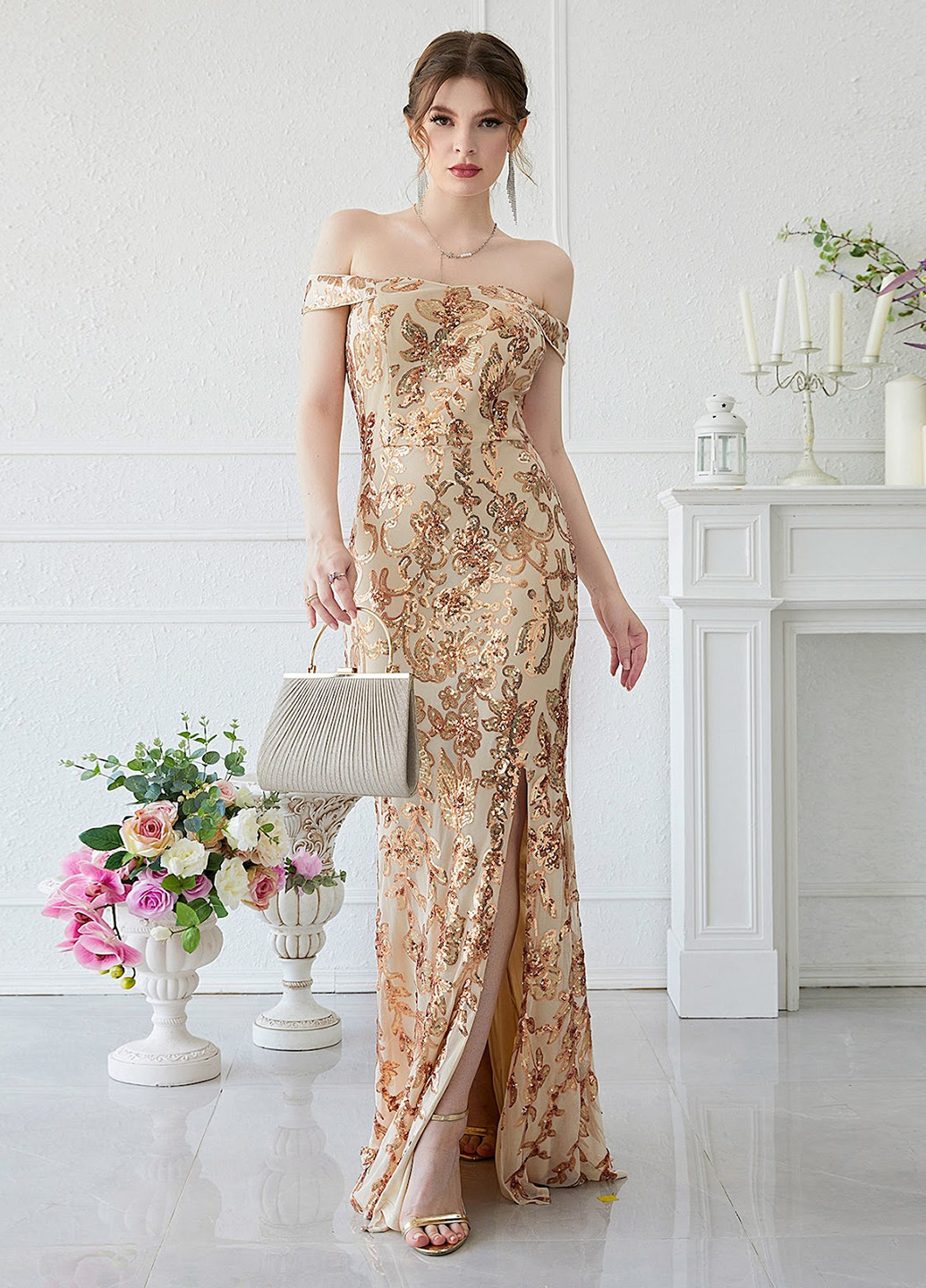 Бежева вечірня сукня годе, з відкритими плечима, з відкритою спиною SHEIN з квітковим принтом