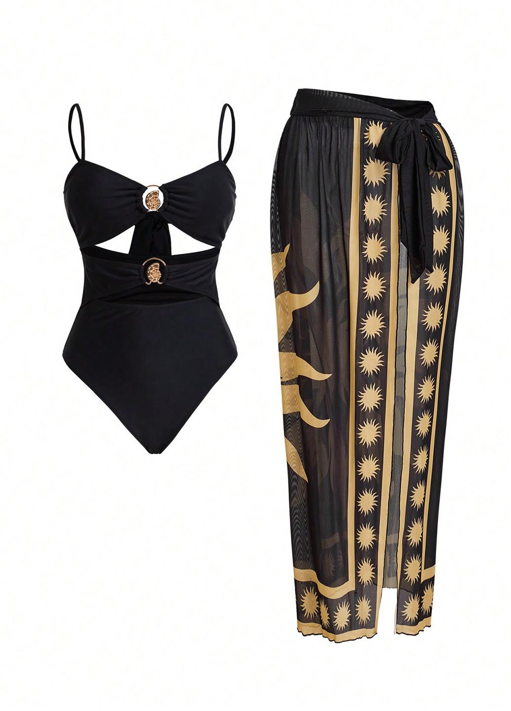 Чорний літній комплект (купальник, спідниця) монокіні, суцільний SHEIN