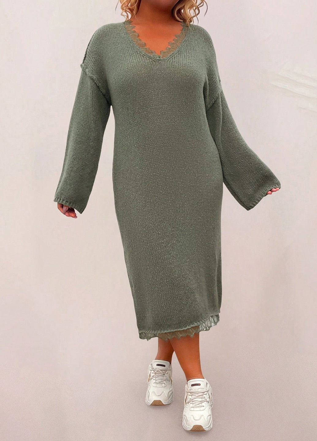 Серо-зеленое кэжуал платье платье-свитер SHEIN однотонное