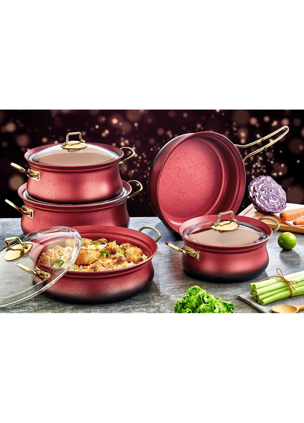 Набір посуду 3045-Red 9 предметів червоний OMS (254703126)