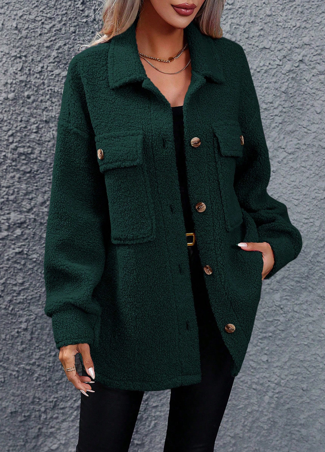 Темно-зелене Кежуал напівпальто однобортне SHEIN однотонне