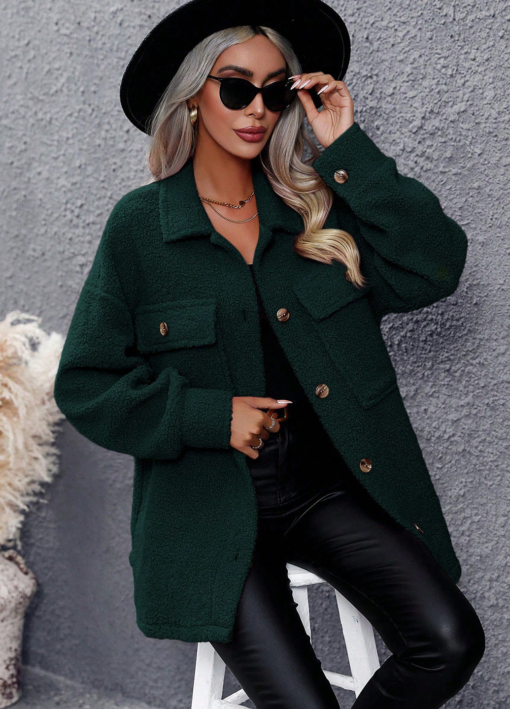 Темно-зелене Кежуал напівпальто однобортне SHEIN однотонне