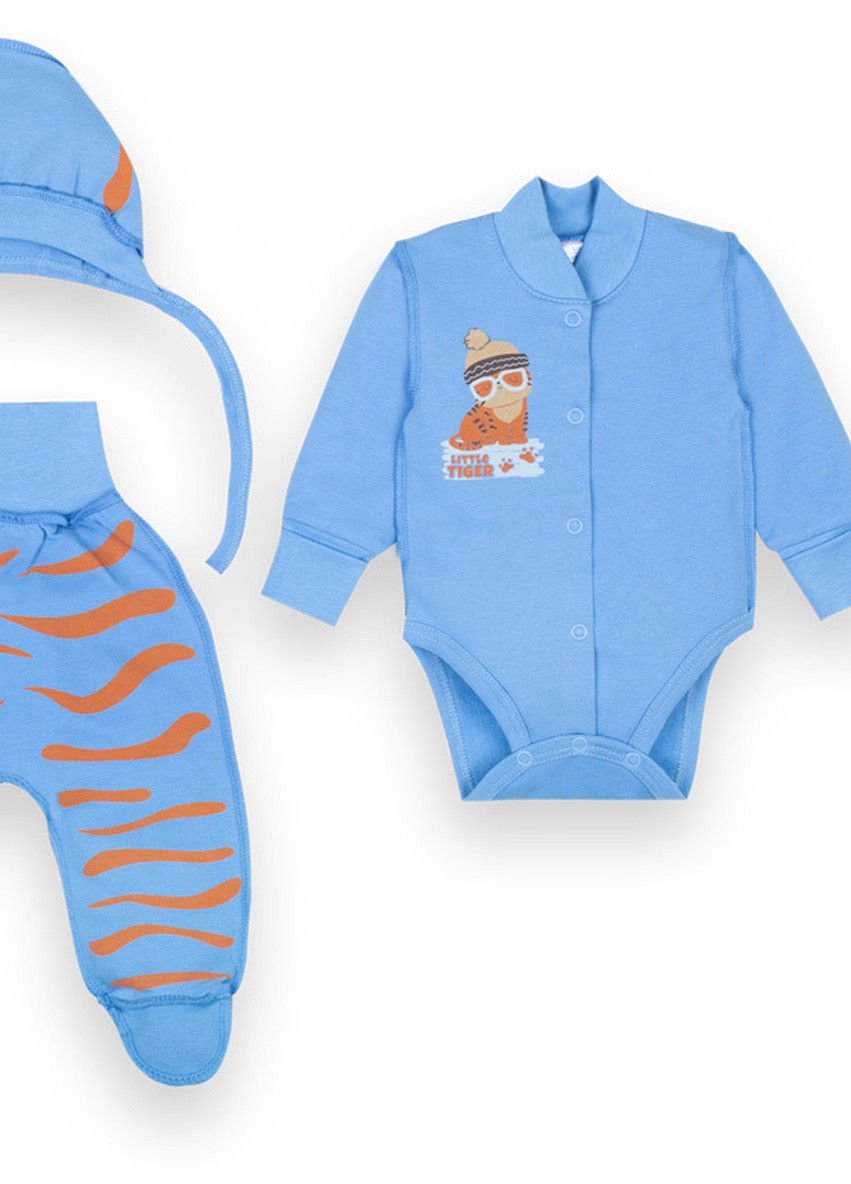 Синий демисезонный детский комплект для мальчика (боди+ползунки+шапка) Габби