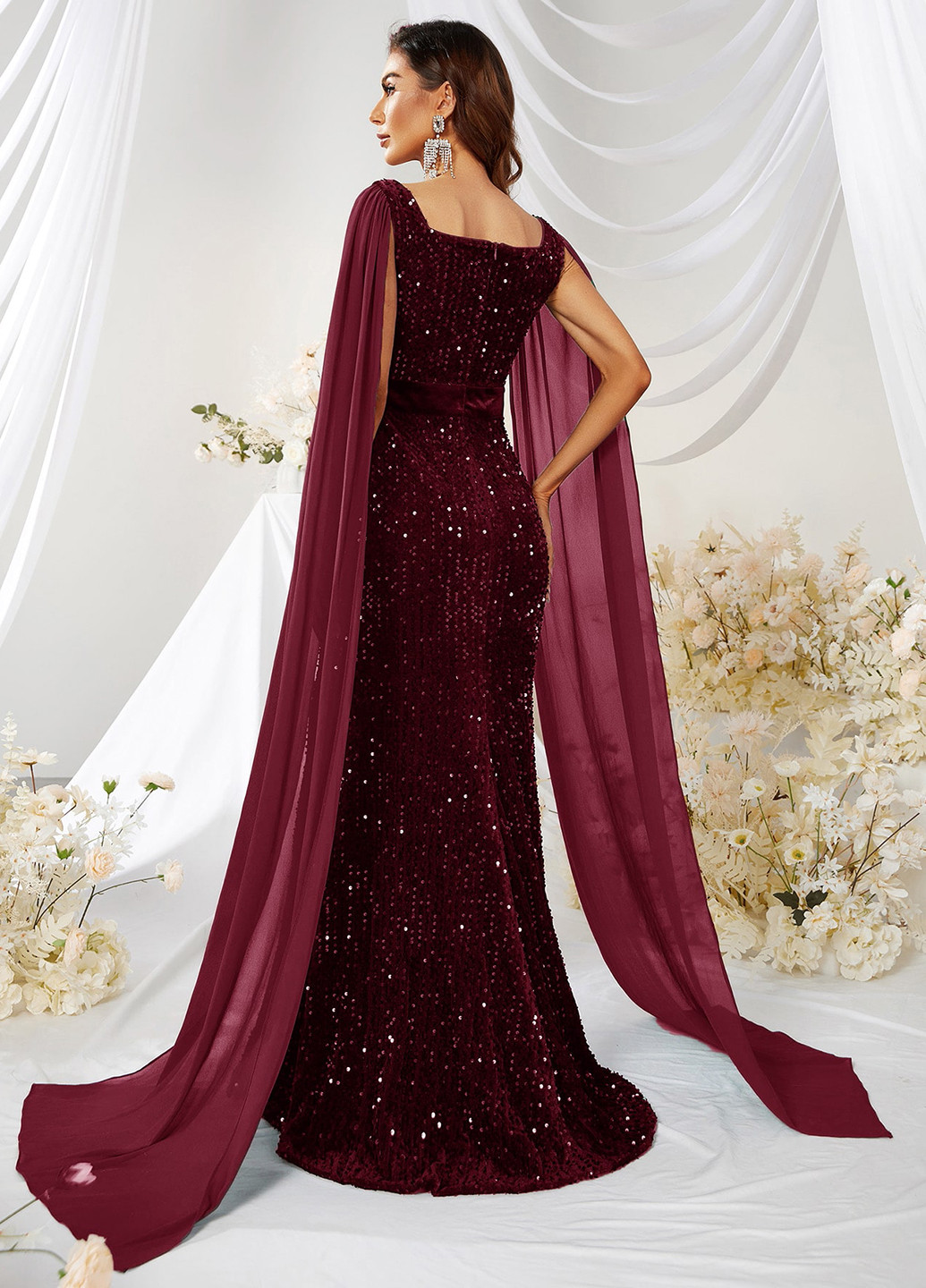 Бордова вечірня сукня силуетна, сукня-кейп, зі шлейфом SHEIN однотонна