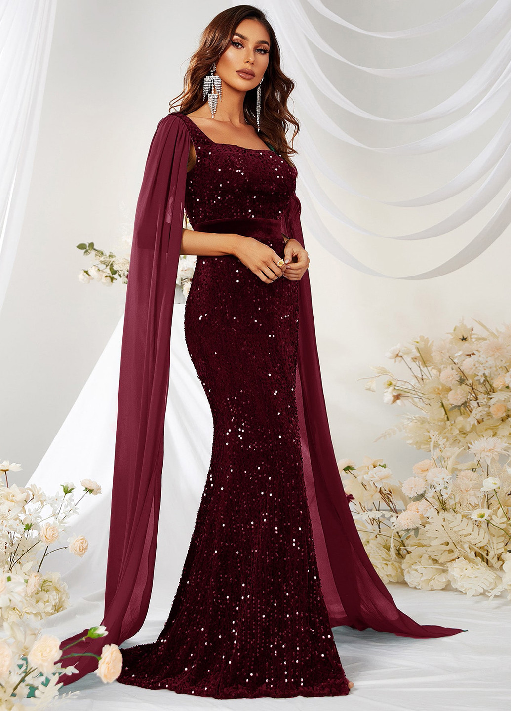 Бордова вечірня сукня силуетна, сукня-кейп, зі шлейфом SHEIN однотонна