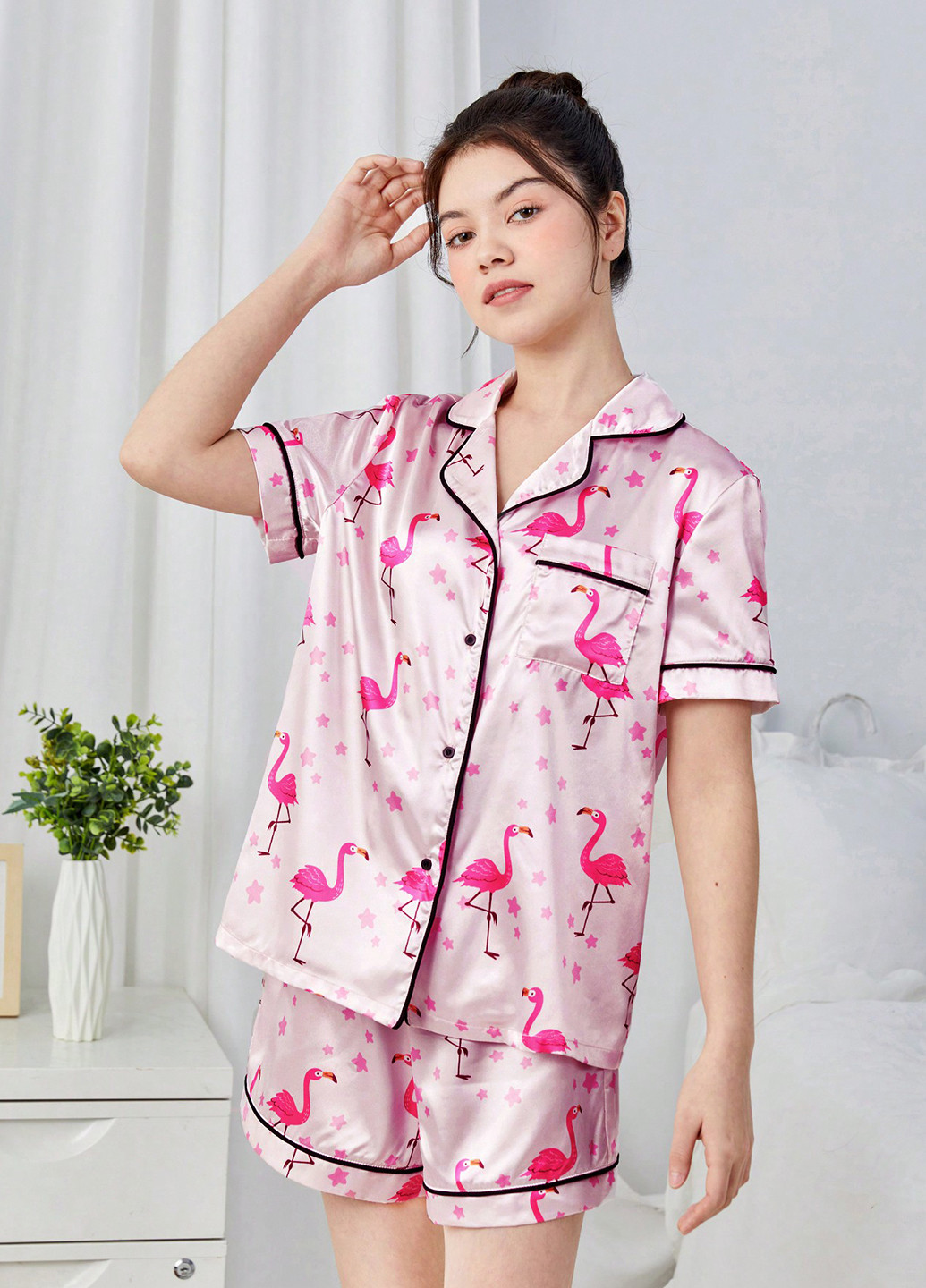 Світло-рожева всесезон піжама (сорочка, штани) сорочка + брюки SHEIN